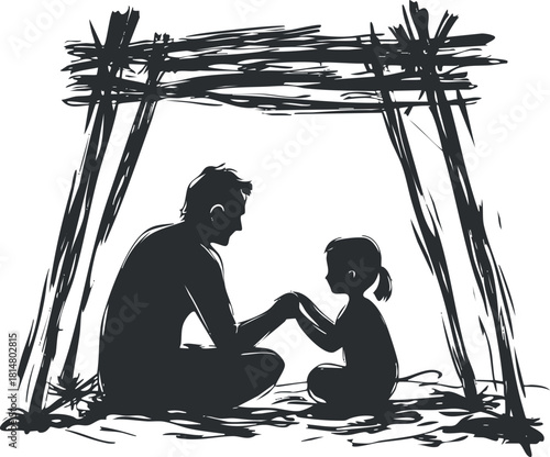 Silhouette vector illustration of a father and child sharing a tender moment in a shelter, perfect for family-themed projects