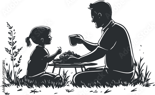 Stylized black and white vector illustration of a father and child enjoying a meal together outdoors in nature.