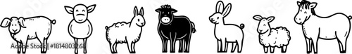 Playful black and white vector illustration of farm animals including sheep, cow, rabbit, goat, and pig for educational and design projects