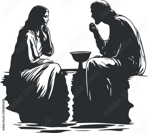 Stylized black and white silhouette illustration of two individuals engaged in a thoughtful conversation, suitable for social and cultural design themes