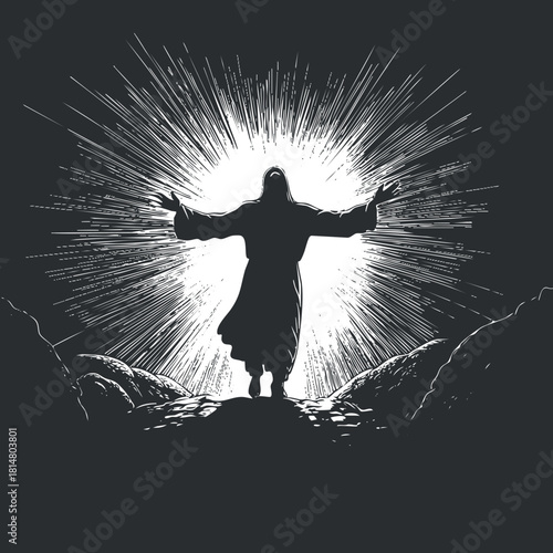 Silhouette vector illustration of a divine figure emanating light, symbolizing hope and spiritual awakening for religious contexts.