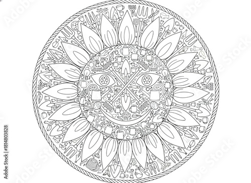 Intricate sunflower mandala line art isolated on