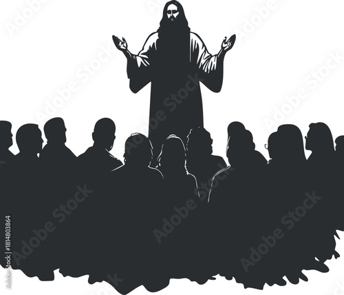 Silhouette vector illustration depicting a religious figure with outstretched arms addressing a gathering of followers in a spiritual context