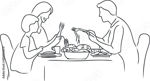 Simple line art illustration of a family enjoying a meal together at the dining table, perfect for lifestyle and food-related projects