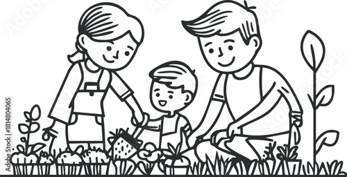 Outline vector illustration of a family gardening together, featuring parents and a child planting and caring for vegetables in a cheerful outdoor setting
