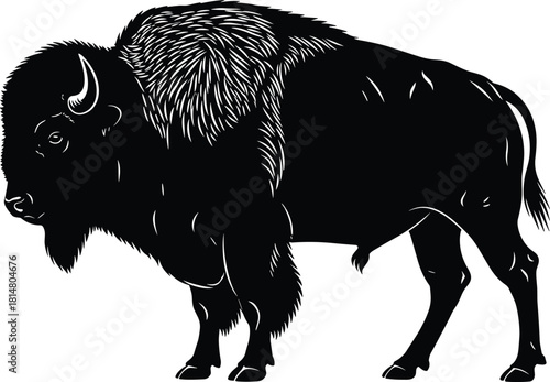 North American Bison or Buffalo Black Silhouette Vector: Majestic Wild Animal Graphic with Detailed Hump and Shaggy Mane for National Park Logo and Wildlife Illustration.