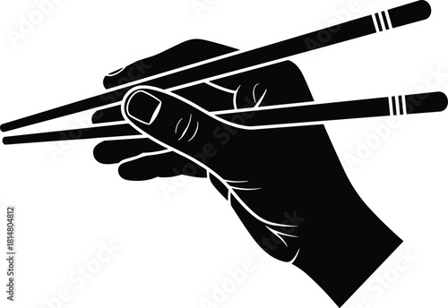 Black Silhouette Vector of a Hand Holding Chopsticks, Asian Food Culture Graphic for Restaurant Menus, Oriental Cuisine Logos, and Culinary Class Material Design.