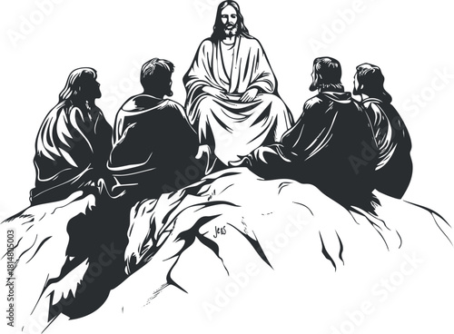 Minimalist black and white vector illustration of Jesus teaching his disciples on a mountain for religious and spiritual contexts