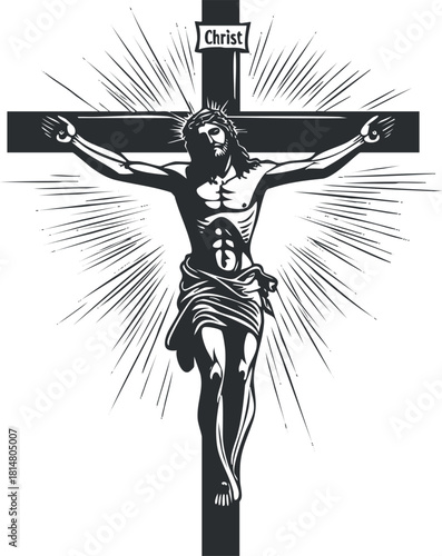 Black and white vector illustration of Christ on the cross with radiant light, suitable for religious and spiritual designs