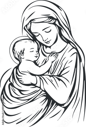 Elegant line art illustration of a mother holding her child, symbolizing love and nurturing in a minimalist style.