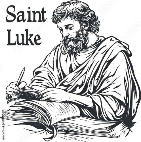 Black and white vector illustration of Saint Luke writing in a book, symbolizing faith and knowledge for religious themes