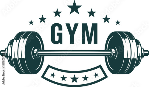 Vintage Style Gym Logo Vector Graphic with Heavy Barbell and Stars, Ideal for Fitness Club Emblem, Workout T-shirt Print, and Weightlifting Training Center Badge Design.