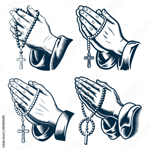Praying Hands with Rosary Set Religious Vintage Illustration