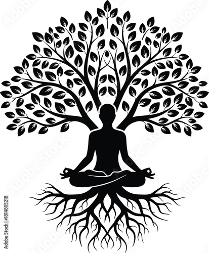 Meditation Yoga Pose Silhouette Vector Illustration: Person in Lotus Position Merged with a Tree of Life and Roots, Symbolizing Spiritual Growth and Harmony, Black and White Graphic.
