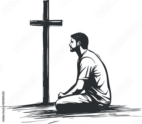Black and white vector illustration of a man kneeling in prayer beside a cross, symbolizing devotion and spirituality