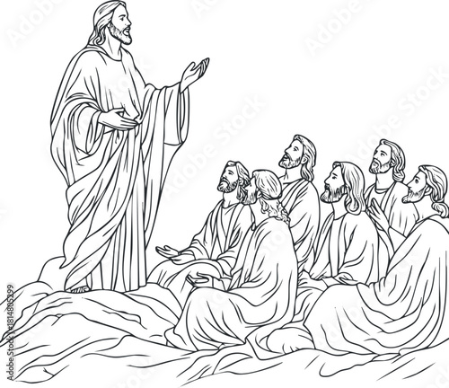 Line art illustration depicting Jesus teaching his disciples on a hillside, suitable for religious and educational contexts