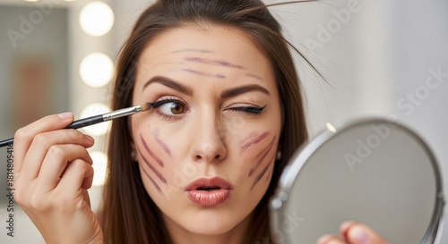 Woman putting on makeup with artistic lines on her face, doing creative beauty routine. Beauty blunder or playful self-expression concept.