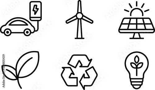 "Eco-Friendly and Renewable Energy Icons - Electric Car, Solar, Wind, and Green Energy Symbols"