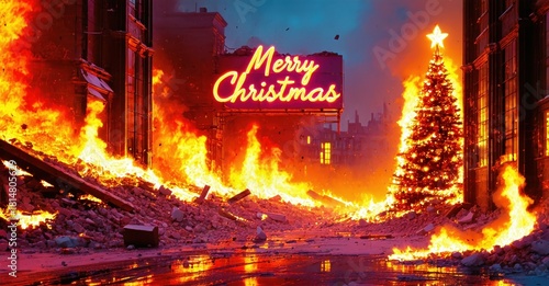 Burning city scene. Christmas tree stands amid destruction. Neon sign displays holiday greeting. Dramatic, intense visuals.
