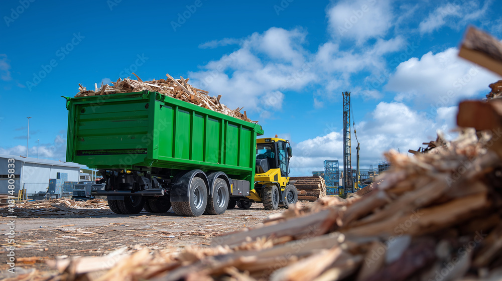 Obraz premium Green metal skip on a construction site under clear blue sky, filled with wood debris, sunlight highlighting textures of scrap and metal bin, eco-friendly recycling focus