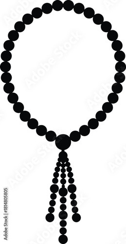 Black Silhouette Vector of Prayer Beads (Tasbih or Mala) with Tassel, Religious and Spiritual Symbol Graphic for Meditation, Islam, Hinduism, and Chakra Alignment Design.