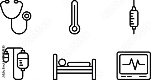 Medical Line Icons Set – Stethoscope, Syringe, Thermometer, First Aid Cross, Health Check Clipboard – Minimal Healthcare Outline Symbols