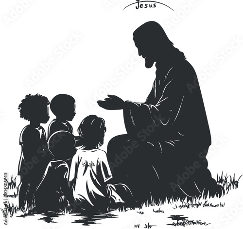Silhouette vector illustration of Jesus teaching children in a serene outdoor setting, symbolizing love and spirituality.