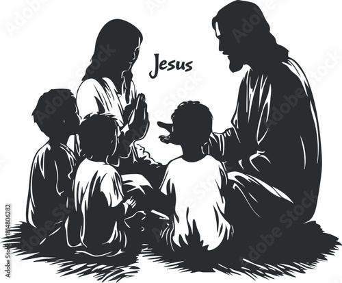 Silhouette vector illustration of Jesus teaching children, symbolizing faith and community, ideal for religious and educational projects