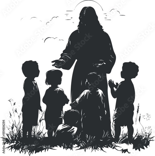 Silhouette vector illustration of Jesus teaching and interacting with children in a natural outdoor setting