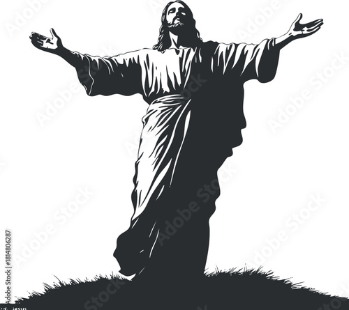 Silhouette vector illustration of Jesus Christ with outstretched arms, symbolizing faith and spirituality in a modern design.