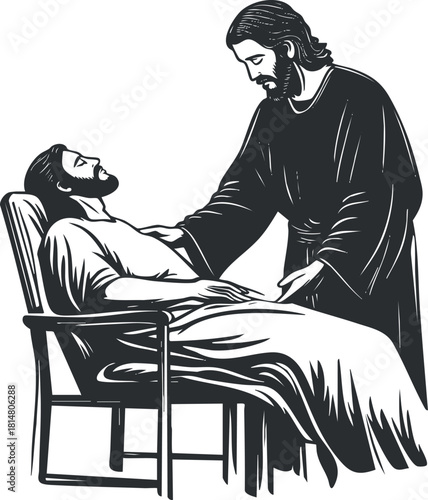 Black and white vector illustration depicting Jesus healing a person, ideal for religious and spiritual projects.