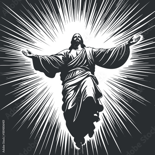 Silhouette vector illustration of Jesus Christ radiating light, symbolizing divinity and spirituality for religious themes and artworks