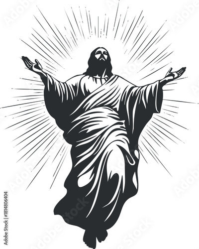 Stylized vector illustration of Jesus Christ with outstretched arms, featuring a radiant halo effect for spiritual and religious themes