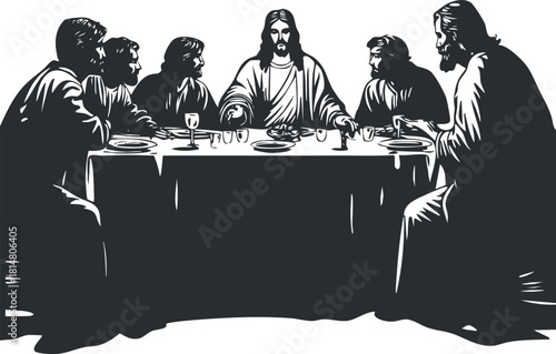 Silhouette vector illustration of the Last Supper featuring Jesus and his disciples at a table, ideal for religious art and design projects