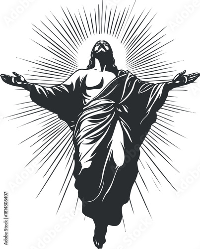 Monochrome vector illustration of Jesus Christ with outstretched arms, radiating light, symbolizing faith and resurrection for religious art