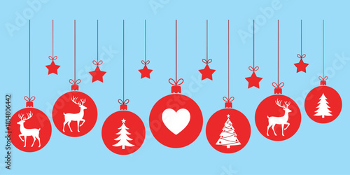 Christmas ornaments, hanging stars, red baubles, reindeer silhouette, festive decor, holiday design, winter theme, flat vector illustration