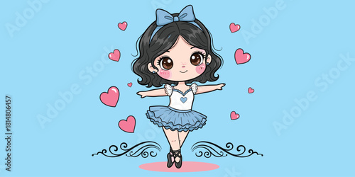 Cute ballerina girl in dance pose, heart background, whimsical childhood design, ballet costume character art, flat vector illustration