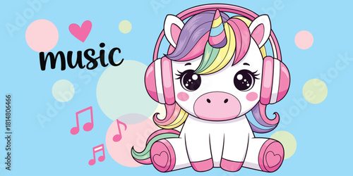 Cute unicorn, rainbow mane, pink headphones, music lover, pastel background, musical notes, heart symbol, kids art, flat vector illustration