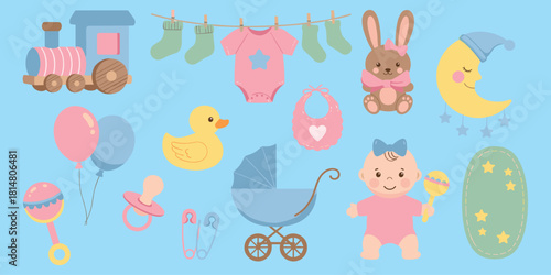 Baby care and nursery elements collection, cute infant items, playful design for kids, pastel background, flat vector illustration