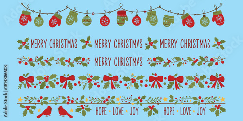 Merry Christmas design, festive decorations, holiday text, mittens, holly, stars, cardinals, hope love joy, flat vector illustration