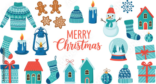 Merry Christmas greeting, holiday elements, festive icons, gingerbread cookies, sweaters, snowman, stockings, gifts, cozy winter, flat vector illustration