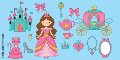 Princess fairy tale elements collection, cartoon girl, castle, crown, carriage, fantasy objects for kids, flat vector illustration