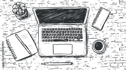 Hand-drawn vector illustration of a workspace with a laptop, coffee cup, notebooks, and a potted plant, ideal for design projects.