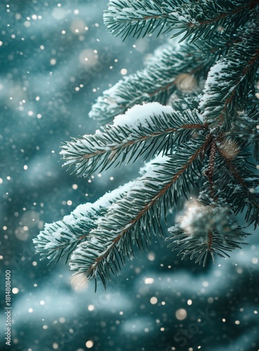 Snow-covered Pine Branches in a Winter Forest During a Gentle Snowfall at Sunset