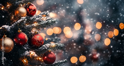 Christmas Tree Adorned With Red and Gold Ornaments Against a Snowy Backdrop