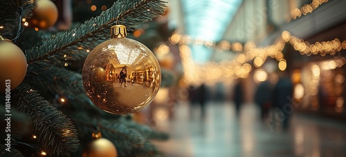 Holiday Decorations Shine in a Busy Shopping Center During the Festive Season