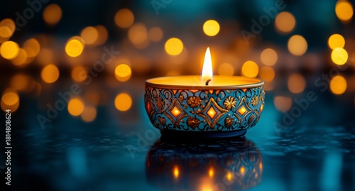 Colorful Decorative Candle Glowing in a Dark Room Filled With Vibrant Lights