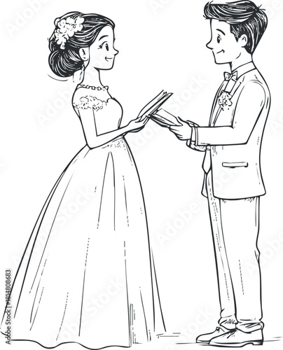 Hand-drawn black and white vector illustration of a bride and groom exchanging vows, perfect for wedding invitations and romantic themes