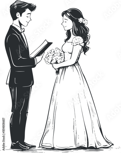 Elegant black and white vector illustration of a bride and groom exchanging vows at a wedding ceremony