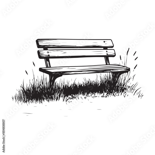 wooden park bench with grass and flowers silhouette